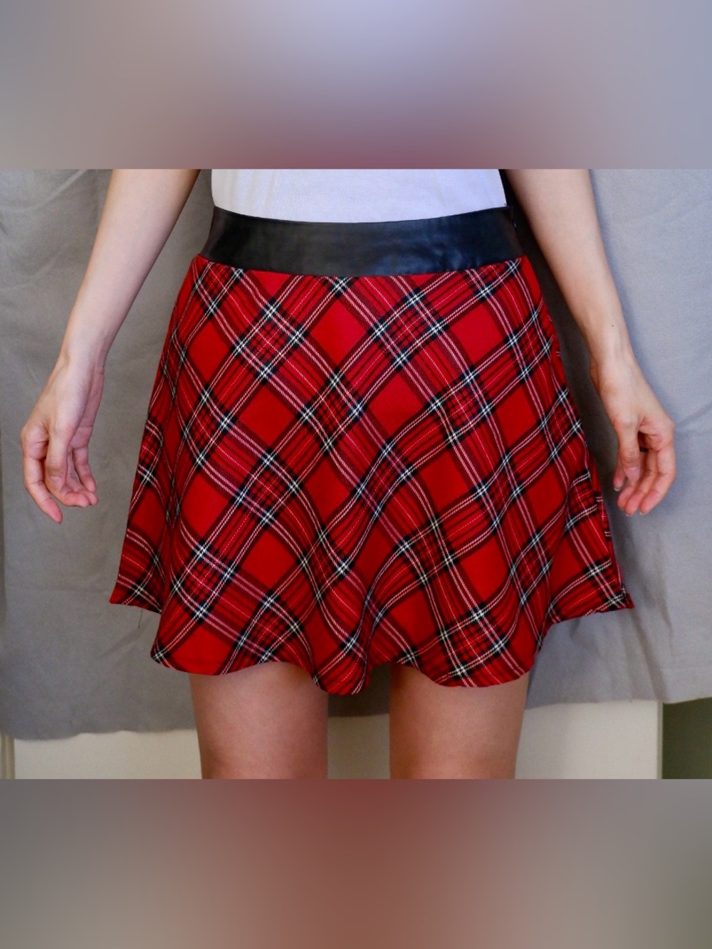 RUBY Red plaid mini skirt with black faux leather waistband